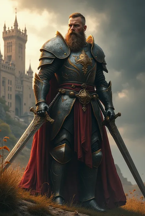 A male paladin warrior with short hair and a long beard,  in full armor with two swords in hand 