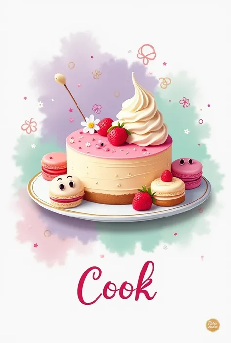 Logo for a pastel colored dessert shop that has a formal cheesecake and the desserts don&#39;t have eyes and a name like cook

