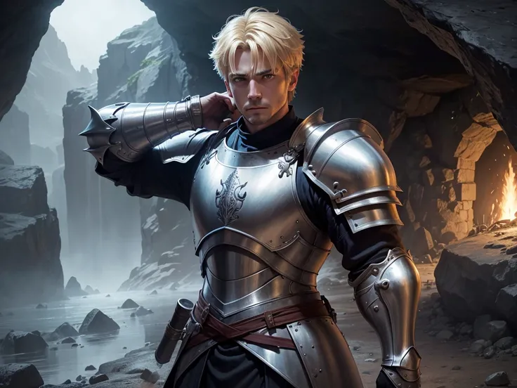 adult man, blond, stark, knight, fully body, lightweight armour, medieval fantasy, looking forward holding a long sword, inside a mystical cave, heroic pose demonstrating courage, ready for battle, high resolution, 4k resolution,