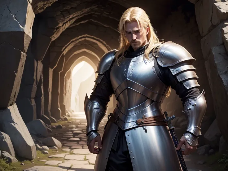 adult man, blond, stark, knight, fully body, lightweight armour, medieval fantasy, looking forward holding a long sword, inside a mystical cave, heroic pose demonstrating courage, ready for battle, high resolution, 4k resolution,