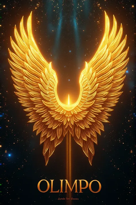 Two wings in vibrant neon gold with the word in Spanish " Olympus" "Where the Gods meet" 