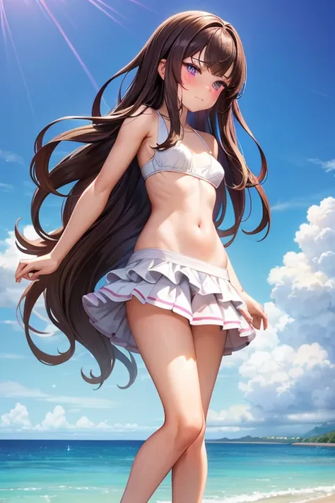 ((best quality)), ((masterpiece)), (detailed), a girl, full body, 19 years old, embarrassed face, young adult, somewhat short stature, purple eyes, brown hair, slightly wavy hair, long hair, bangs, blush, very small breasts, sexy white bikini with skirt, s...