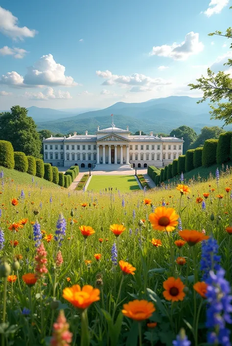 Meadow with neoclassical palace in the background 
