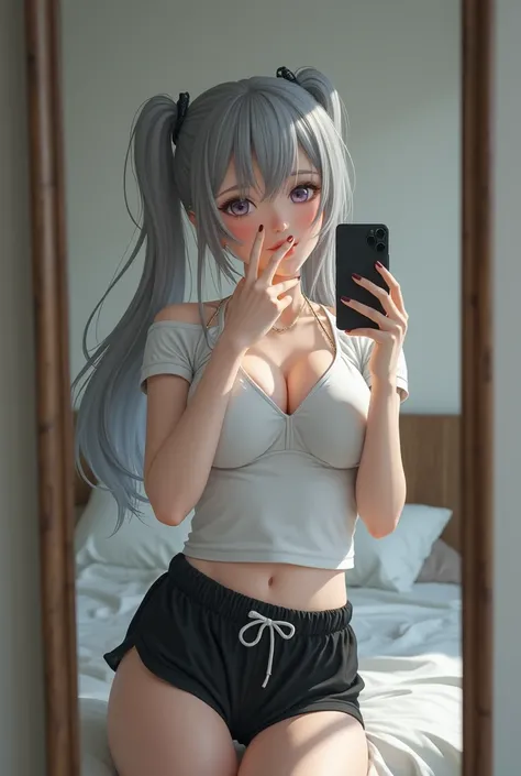 highly detailed, beautiful, hyper Realistic girl, masterpiece, best quality, A gravure idol, identity hidden, takes a selfie in her room using a smartphone in front of a mirror. She covers her mouth with one hand, looking away from the camera,   ///  gray ...