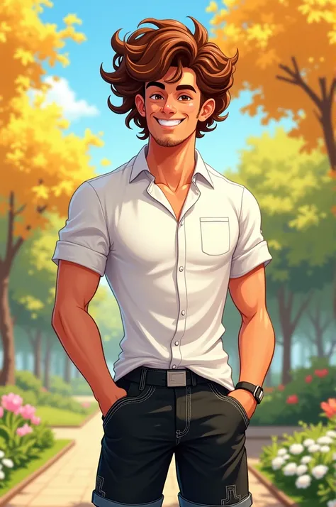 Curly haired man in cartoon with a white shirt black shorts white stitched 