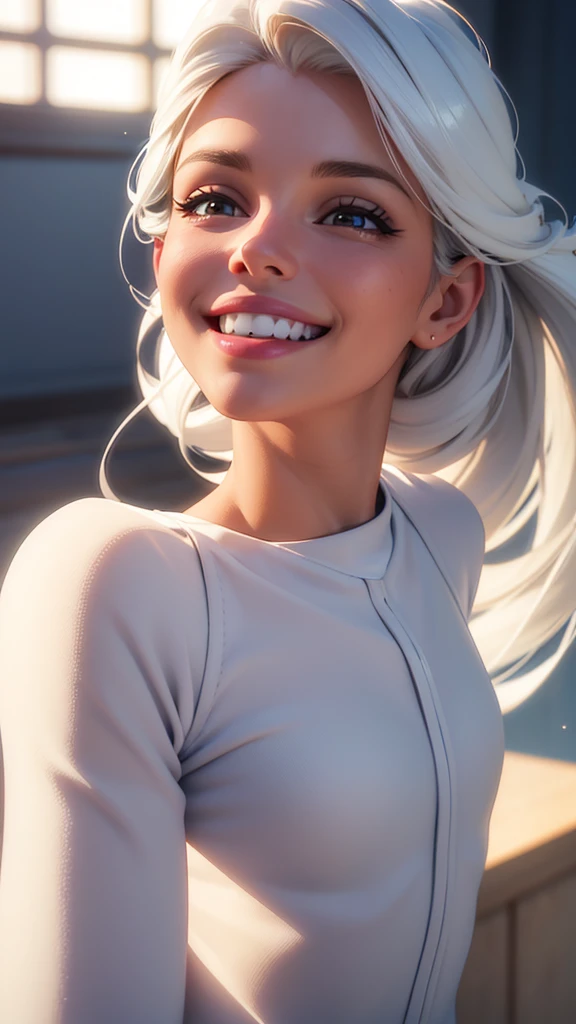 A high-resolution 3D close-up of a bright smile showing shiny, white teeth. The teeth are designed with fine details to showcase smooth surfaces and natural light reflections. The background is soft and blurred with natural lighting, creating a clean and h...