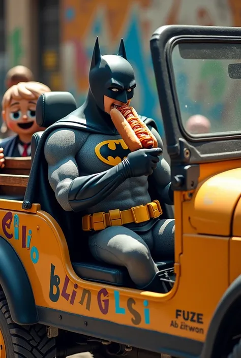 Batman eating hotdogs in a jeep with letters that say emilio