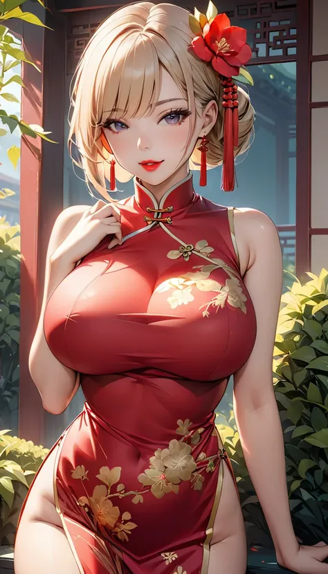 One person,Bush,Fashionable Girl,China dress,Chinese clothing,Hair Flower,(masterpiece:1.4),(Highest quality:1.4),(Glowing Skin),Red lips,View your viewers,Big Breasts,Cleft lip