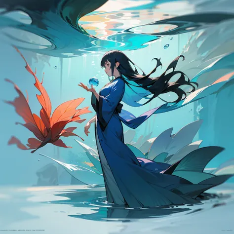 Imagine a concept art, full body, Marvel comic book art style, female character, water elemental, translucent skin, hair like seaweed, flowing blue robes, serene expression, holding a water orb, underwater background with corals and sea creatures, soft blu...