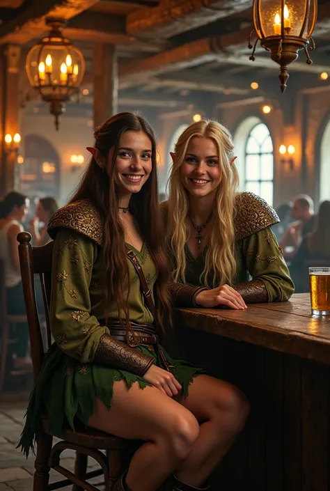 uma taberna medieval, duas garotas elf, archers, drinking near the counter, skirt short, roupas de archers da floresta, animal skin boots, layer, Long, straight hair