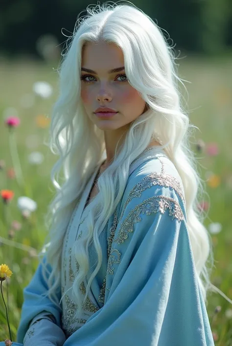 "A captivating scene is brought to life by the natural poise of a figure with striking crimson eyes and flowing white hair.., Adorned with an immaculate robe of silver and cerulean, against the backdrop of a serene and lush meadow."