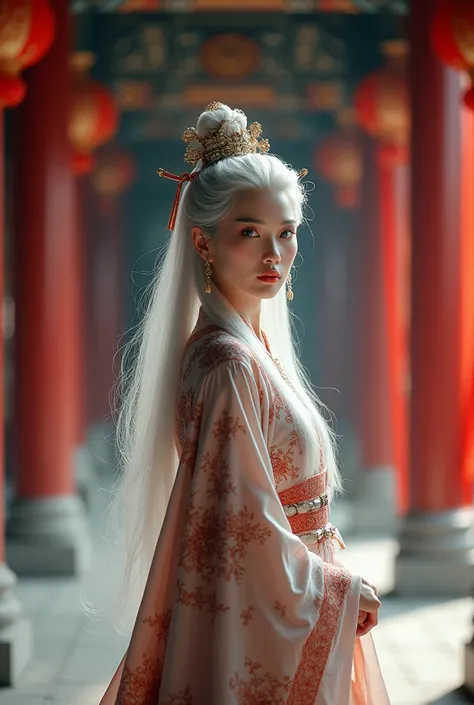 Masterpiece, Excellent, Chinese Imperial Palace, Chinese Style, Ancient China, 1 Woman, Mature Woman, Silver-White Long-Haired Woman, Gray-Blue Eyes, Pale Pink Lips, Cold, Serious, Effeminate, Bangs,