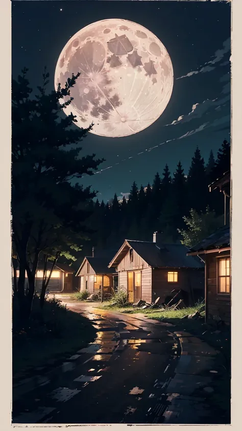 (dirt road), (humble houses on the sides), huts (destroyed), (full moon at the top), (at night), trees, town (in the middle of the forest).