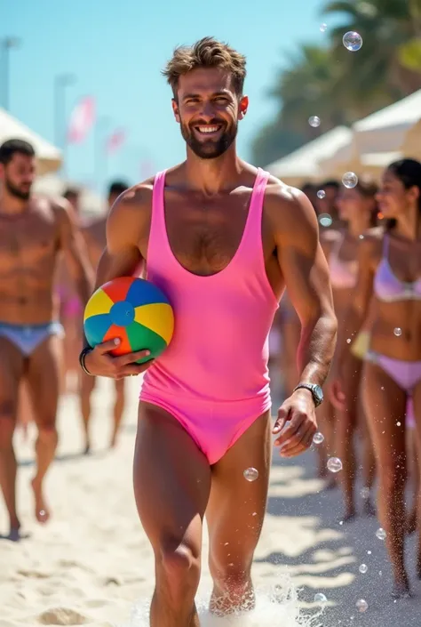 A handsome young man with a beautiful, thin, white face, fair and smooth skin, shirtless, wearing a pink swimsuit, short black hair, on a catwalk at a mens beach party, holding a beach ball in his hand, the audience applauding and celebrating with bubbles....