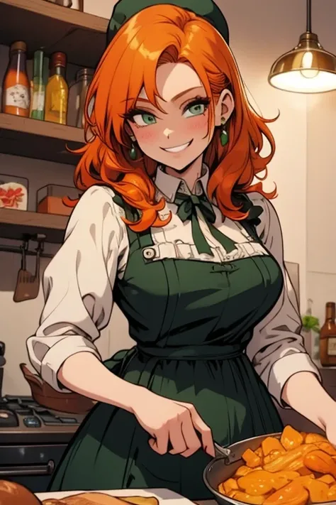 Perfect face. Perfect hands. An orange haired woman with green eyes and an hourglass figure in a Lolita maid dress is smiling while cooking in a fancy kitchen
