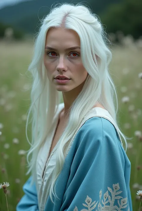 "A captivating scene is brought to life by the natural poise of a figure with striking crimson eyes and flowing white hair.., Adorned with an immaculate robe of silver and cerulean, against the backdrop of a serene and lush meadow."