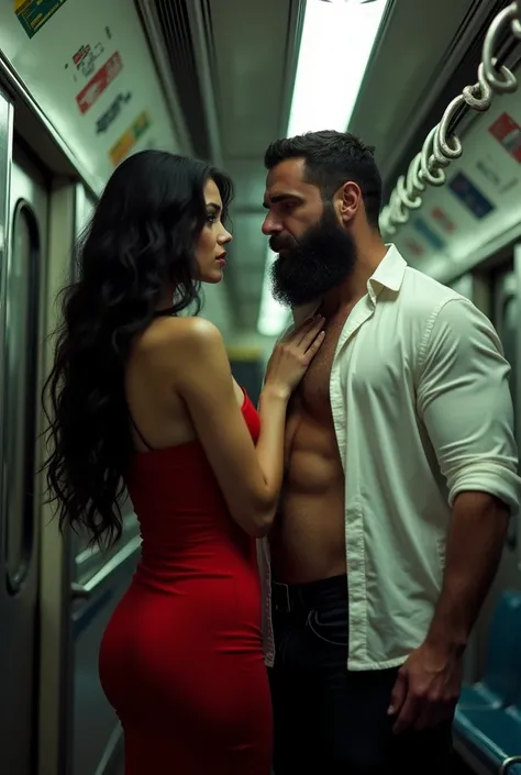 A beautiful woman with long black hair and a provocative, seductive and sexy red dress together with a bearded man with lots of hair on his chest and belly and his white shirt completely unbuttoned on a sleazy subway 