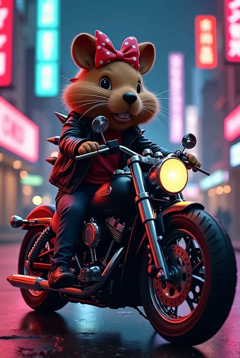 Capybara dressed as rocker Minnie, evil, biker, biker,  animated cartoon. Riding a motorcycle