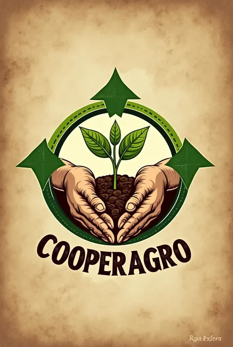 Circular logo of a family farming cooperative with two arrows pointing upwards and two hands holding a plant with the name COOPERAGRO rustic 