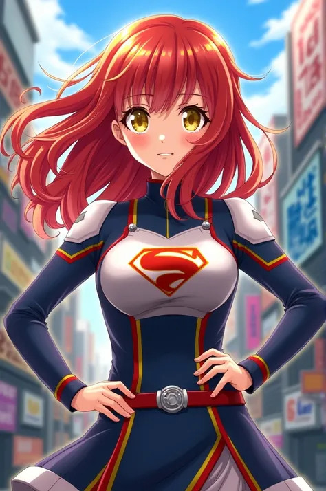 Redhead girl with blonde highlights and waist-length hair with waves at the end of her hair, yellow eyes and a light skin tone. She wears the UA uniform from the anime Boku no Hero Academia. Use the style of the anime Boku no Hero Academia.