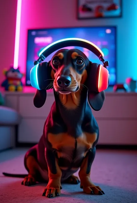 Dachshund dog, with sausage body, with gamer headset luminous