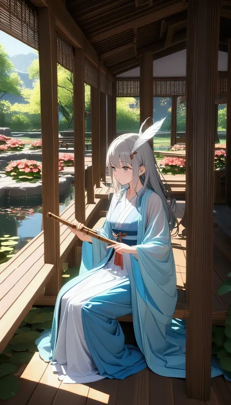 Second Dimension, Ancient style, Spring Garden, Outdoor, Gray Hair, Hanfu, nature, There is a pond in the middle of the courtyard, Begonia floating in the pond, sitting on a bench in the hallway, Wearing a transparent feather robe, Holding a bamboo flute, ...