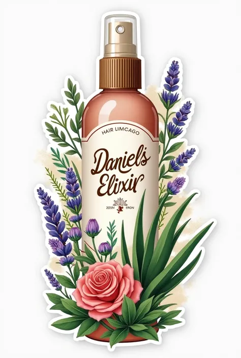 design à imprimer en sticker pour coller sur une bouteille de spray cheveux. le nom est  « Daniel’s Elixir » l’image doit faire ressentir le naturel, le bio, dans le spray il y a de l’eau de rose de l’aloe véra et de la lavande. ne pas dessiner de bouteill...