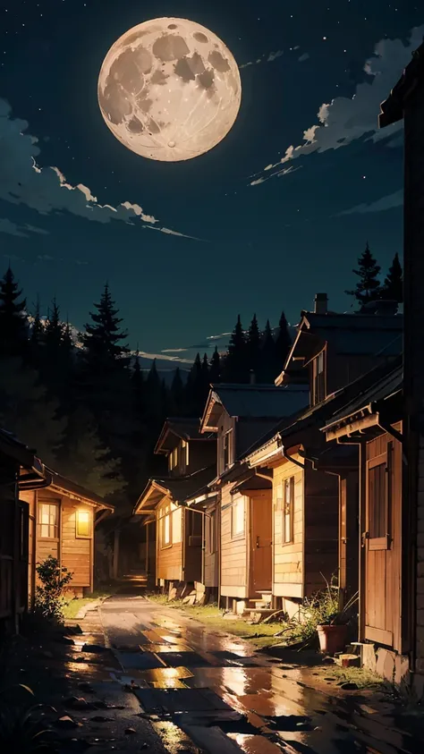 (dark dirt road), (humble houses on the sides), huts (destroyed), (no light), (full moon at the top), (at night), trees, town (in the middle of the forest).