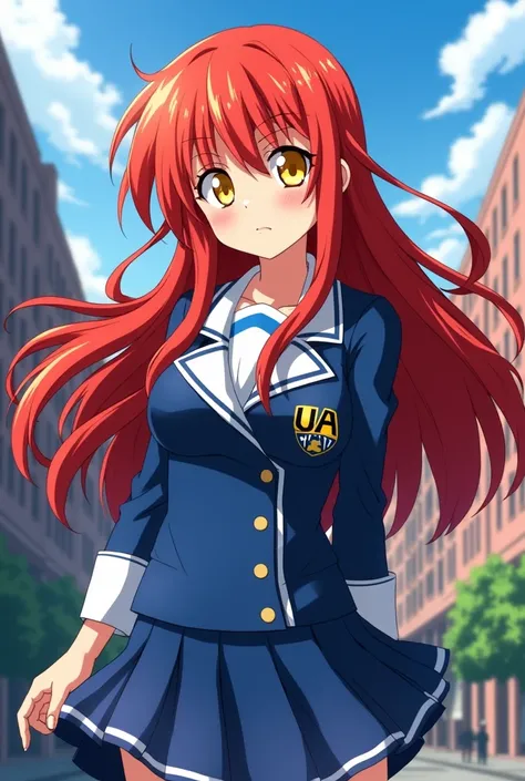 Redhead girl with blonde highlights and waist-length hair with waves at the end of her hair, yellow eyes and a light skin tone. She wears the UA uniform from the anime Boku no Hero Academia. Use the style of the anime Boku no Hero Academia.