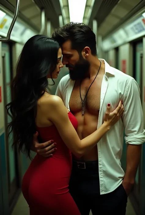 A beautiful woman with long black hair and a provocative, seductive and sexy red dress together with a bearded man with lots of hair on his chest and belly and his white shirt completely unbuttoned in a seedy subway having sex (and also touching her tits)