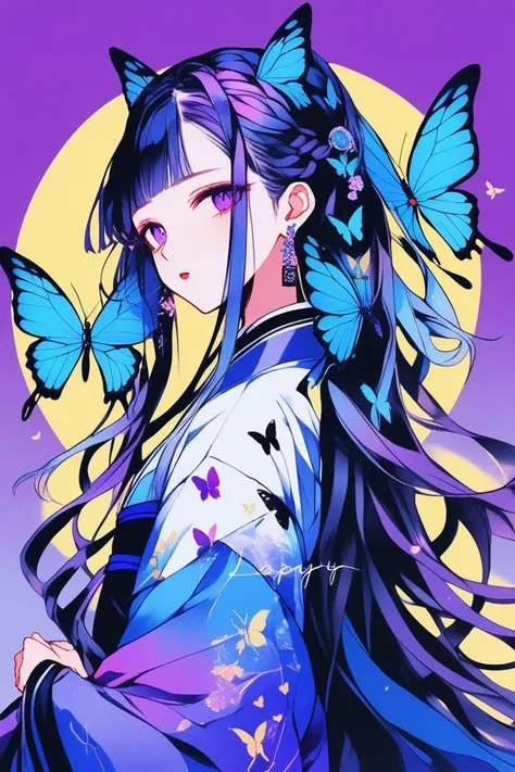  (masterpiece,Highest quality) Illustrator, anime , Realistic ,sketch , 1 person, ,lip, Braiding、Under the Moon、Black and purple hair、Beautiful books、Blue butterfly hair ornament、A revealing rainbow-colored butterfly-like haori, (((whole body))), order, Bl...