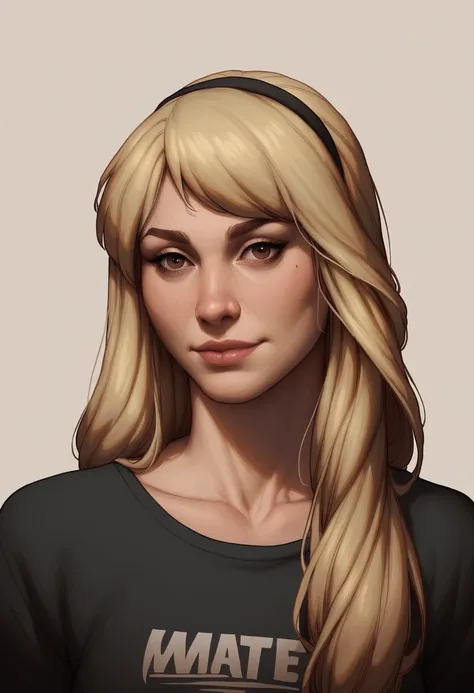 real, masterpiece, best quality, (detail skin texture, ultra-detailed body),
1girl, 4b6i3c-smf, solo, blonde hair, hairband, realistic, long hair, lips, black shirt, upper body, expressionless,  brown eyes, smile