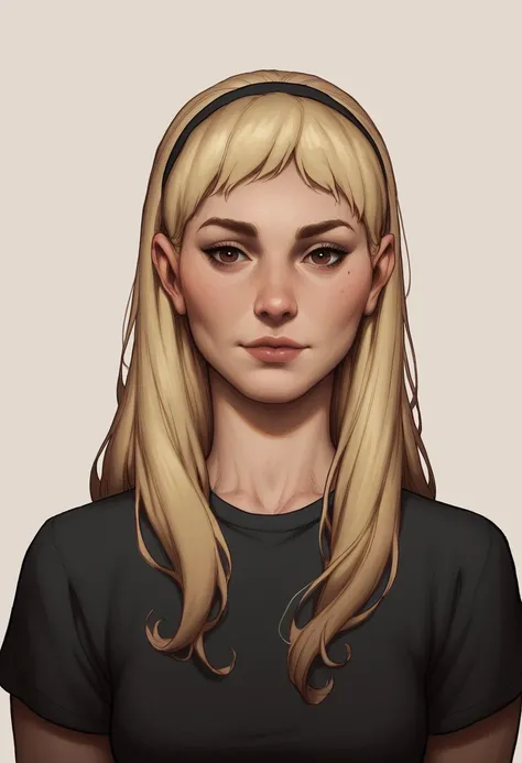 real, masterpiece, best quality, (detail skin texture, ultra-detailed body),
1girl, 4b6i3c-smf, solo, blonde hair, hairband, realistic, long hair, lips, black shirt, upper body, expressionless,  brown eyes, smile