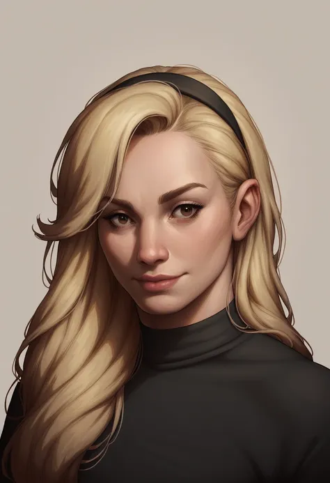 real, masterpiece, best quality, (detail skin texture, ultra-detailed body),
1girl, 4b6i3c-smf, solo, blonde hair, hairband, realistic, long hair, lips, black shirt, upper body, expressionless,  brown eyes, smile