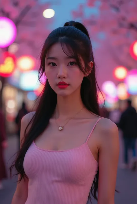 A Korean girl, 18years old, with angel face, thick lips, big bust and ponytail.