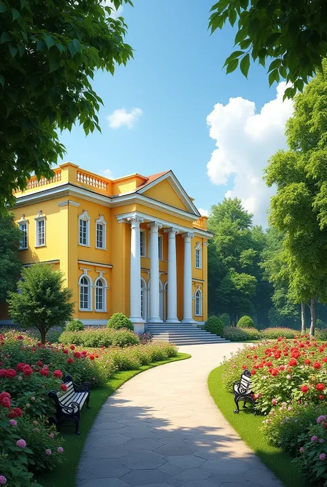 Park with yellow neoclassical palace with white cornice and white columns 
