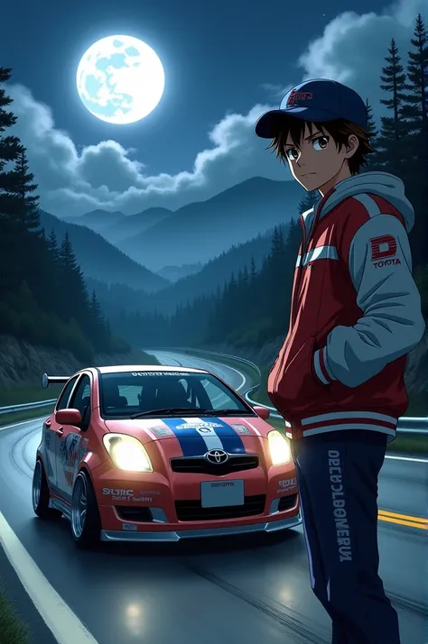 Crea a takumi de initial D con un Toyota Yaris hatback de 2008 a su lado