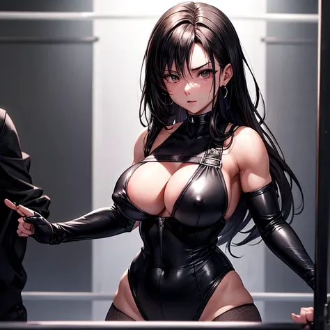 she is wearing black clothes,  Amazing high-cut bodysuit.A woman doing professional wrestling　Tifa Lockhart　Open Finger Gloves　Fight in the ring　Nipples are visible　Large Breasts　A lot of cumshot erupts　attractive vagina