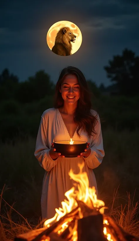 a woman taking a bowl of cocoa from a ritual with a bonfire going on in the background. Her heart expands with love and oxytocin, feature of love and intense joy, ecstasy for life. convey depth. In the sky a black full moon with a majestic golden lion insi...