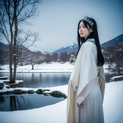 A realistic depiction of a Yuki-onna, A ghost woman from Japanese folklore, Visible from very far away. She has white skin, Long black hair, Wearing a loose white kimono. The background is a snowy landscape, Beautiful and eerie, Spooky atmosphere. To enhan...