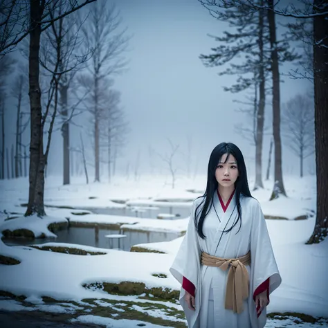 A realistic depiction of a Yuki-onna, A ghost woman from Japanese folklore, Visible from very far away. She has white skin, Long black hair, Wearing a loose white kimono. The background is a snowy landscape, Beautiful and eerie, Spooky atmosphere. To enhan...