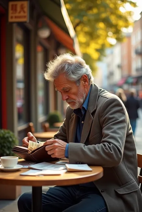 Middle-aged man looking at his wallet