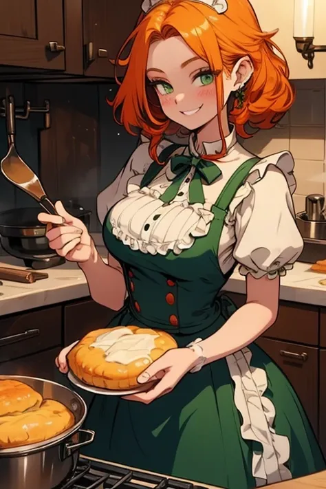 Perfect face. Perfect hands. An orange haired woman with green eyes and an hourglass figure in a Lolita maid dress is smiling while baking scones in a fancy kitchen