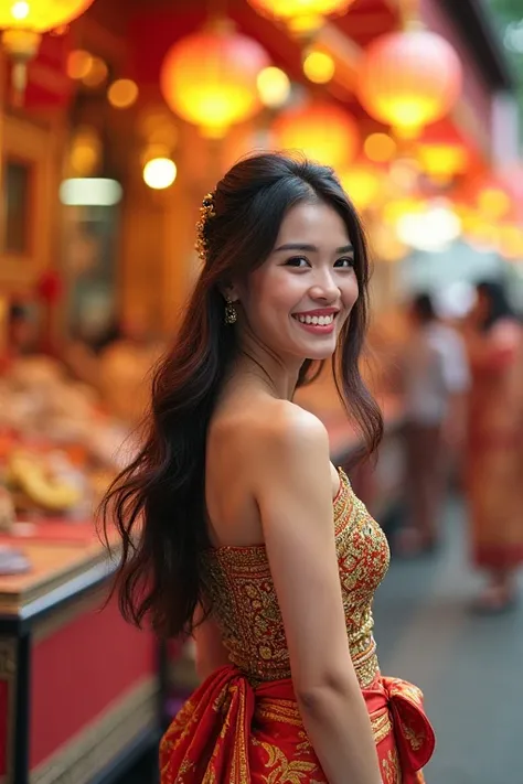 beautiful girl, long hair, Wear Thai clothes, Visit the temple fair in Bangkok,high resolution, smile, long hairมาก, depth of field, subjective point of view, Fair Light, movement lines, precise, best quality, Anatomically correct, 