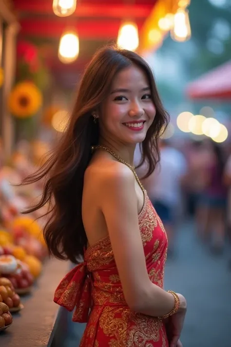 beautiful girl, long hair, Wear Thai clothes, Visit the temple fair in Bangkok,high resolution, smile, long hairมาก, depth of field, subjective point of view, Fair Light, movement lines, precise, best quality, Anatomically correct, 