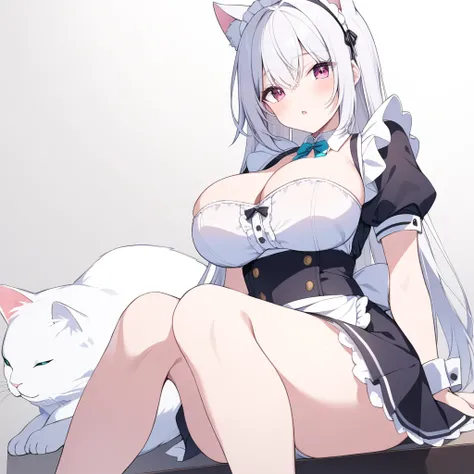 white hair，white cat ears，sitting，Large Breasts，maid outfit