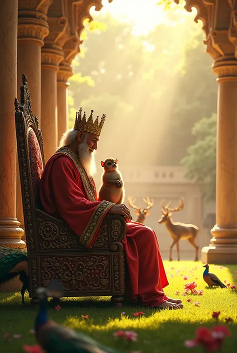 The King with Animals: The king sitting on a large, ornate throne in an open courtyard, surrounded by various animals like deer, peacocks, and rabbits. The monkey is sitting on the armrest of the throne, close to the king, showing a bond between them.