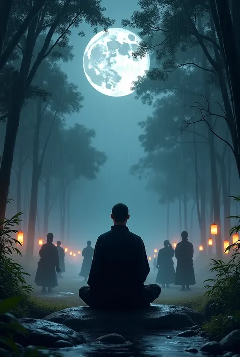 Japanese ninja meditating while in the background there are ninja training at night in the rain 