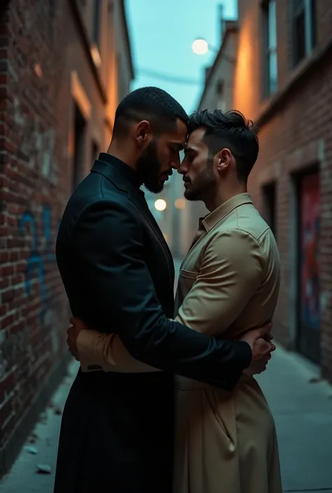 Create a novel cover where two men meet. One of them must arrive wearing black clothes and be holding the other man, who must be wearing beige clothes.
