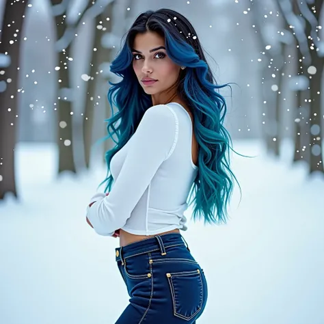 20 year old long blue wavy hair Mexican model, curvy girl, sexy, standing outside in the snow, stunning, wearing white tops and dark blue jeans with white ballet flats, realistic face, blue hair, long hair, close up of face, big breast, 4k, high quality
